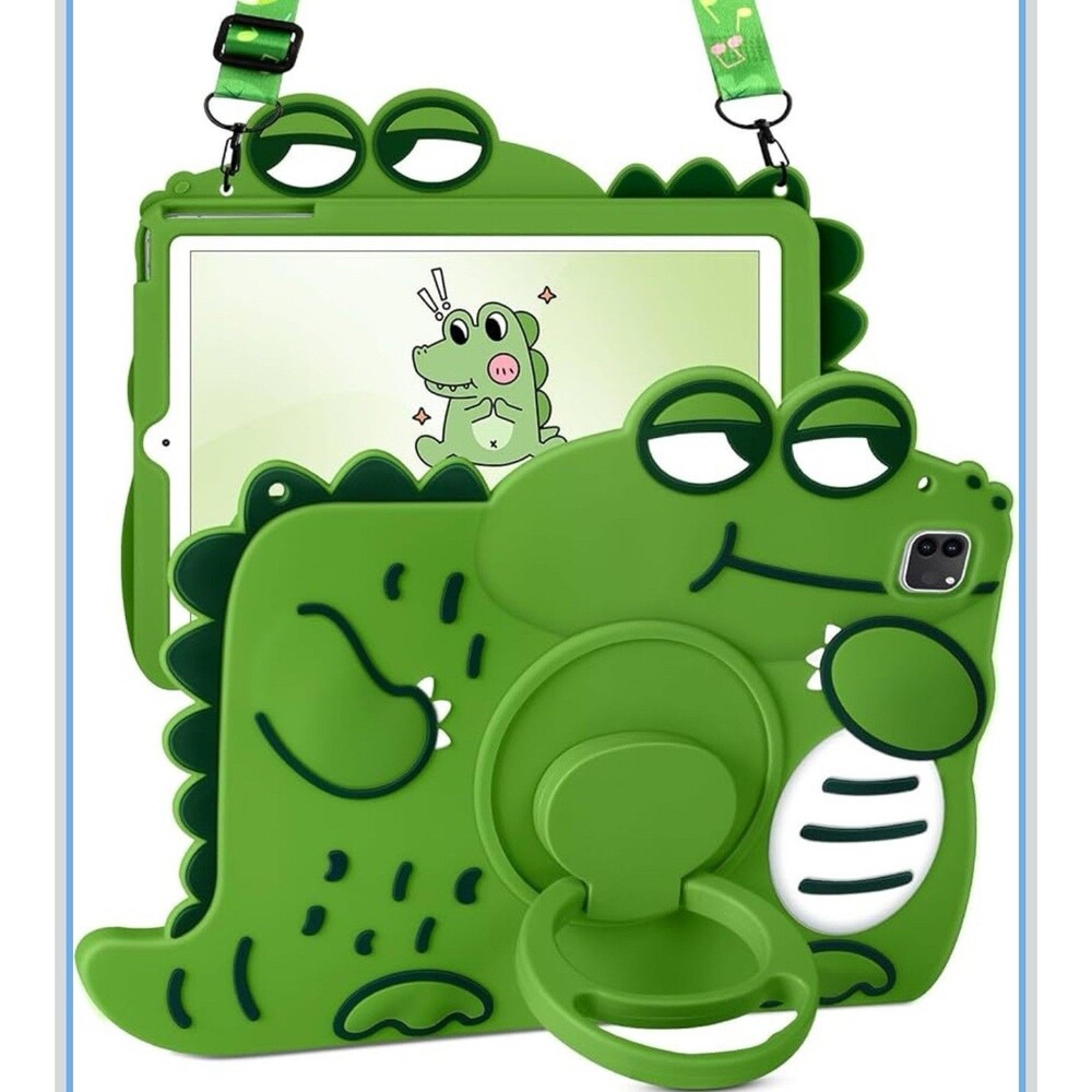 Wazzasoft iPad Pro M4 11 Inch Case Silicone Green Kids Rotating Handle Strap